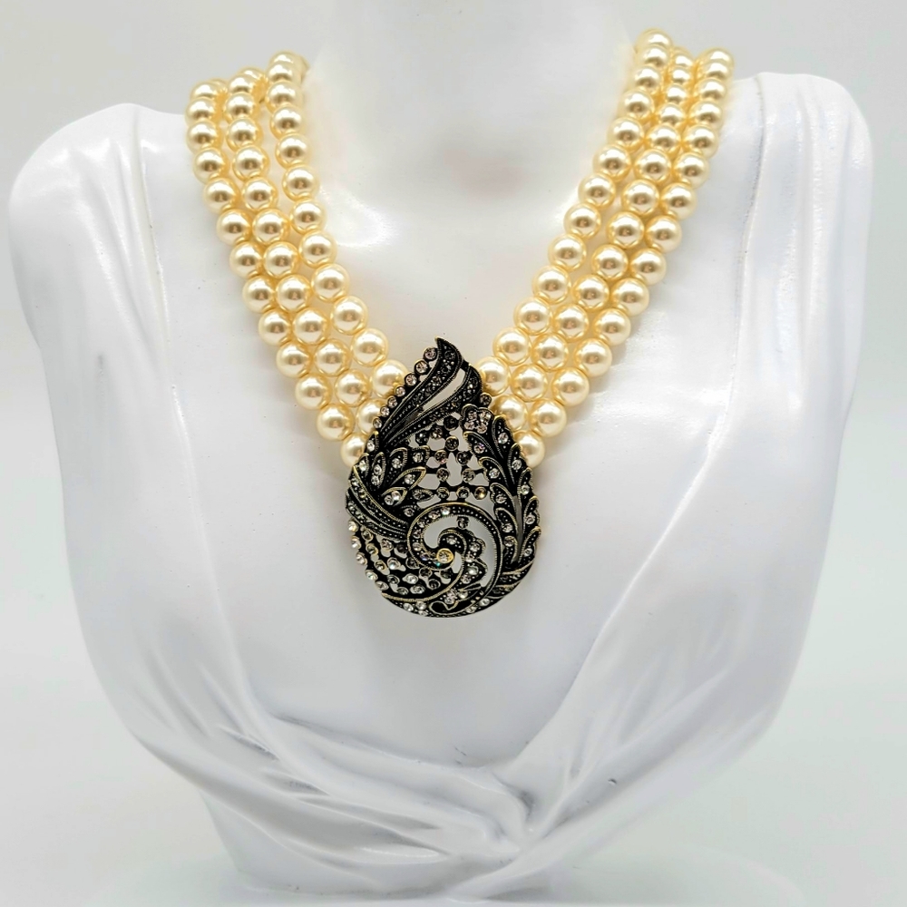 Heidi Daus Swarovski Crystal Teardrop Pendant with Triple Strand Ivory Pearls